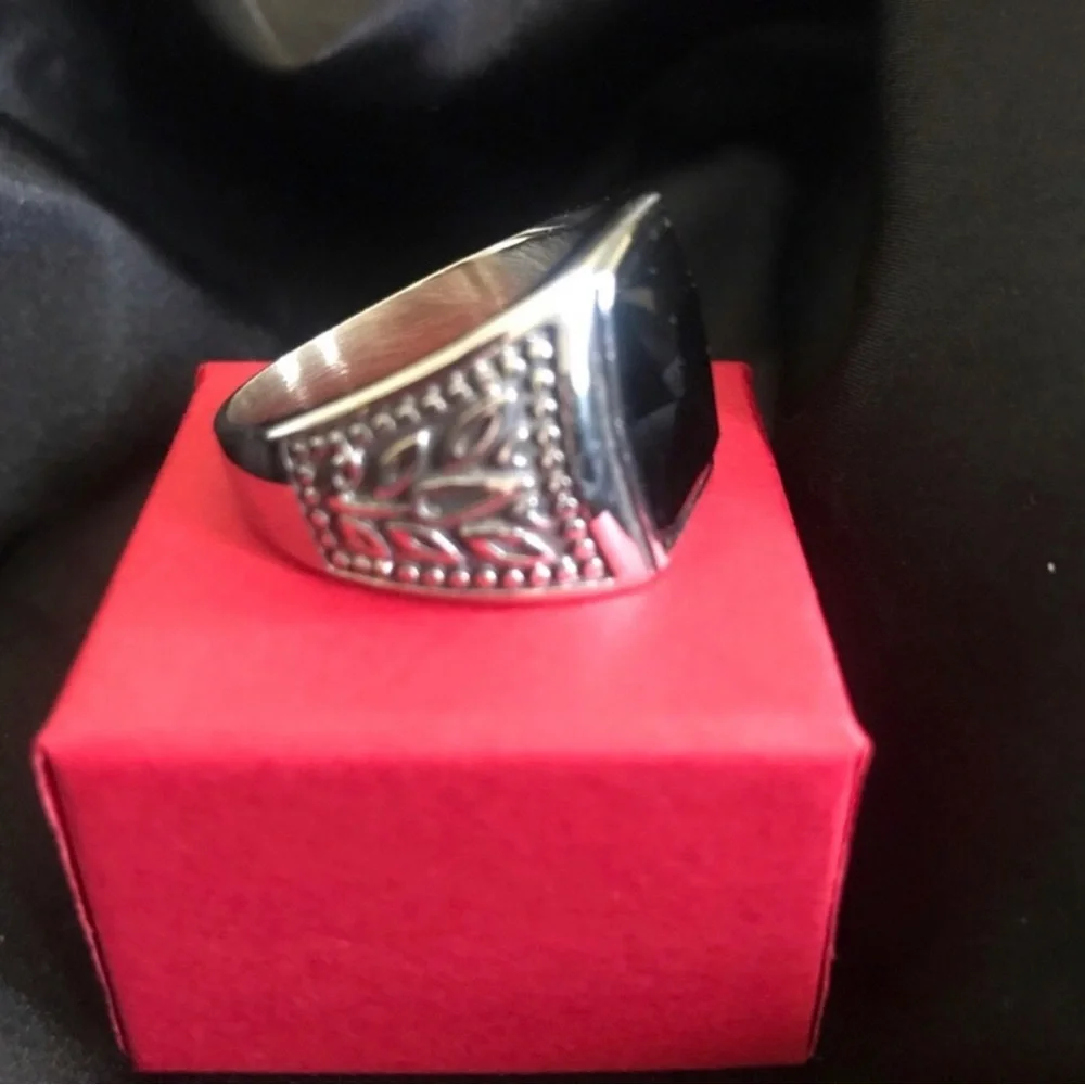 Men's Silver Ring with Black Stone - Classic Signet Style